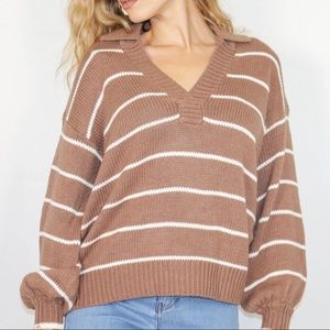 Collared Balloon Sleeve Striped V Neck Sweater